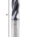 Side view of 1/2 in diameter 4-flute roughing end mill with TiAlN coating, 4 in OAL