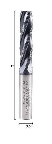 Side view of 1/2 in diameter 4-flute roughing end mill with TiAlN coating, 4 in OAL