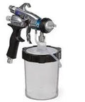 Pro Grade Hvlp Spray Gun With 32 Oz Flex Liner And Quick Release Fluid Set for flawless cabinet finishing, showing gun and fluid container.
