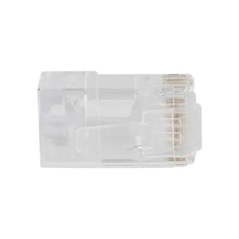 Clear view of modular data plug for CAT6A and thicker CAT6 cables, part of the No Fuss Fast Pass Thru Install Ethernet Connector Kit, 50 Pack.