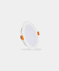 ELUKHT Recessed Lighting Housing Trim Kits Commercial Round White Ultra-Thin LED Recessed Downlight side view with orange clips.