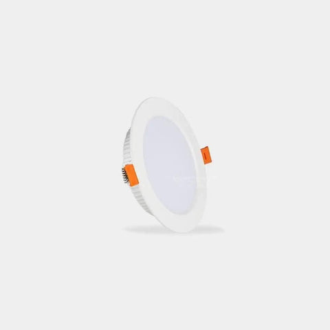 ELUKHT Recessed Lighting Housing Trim Kits Commercial Round White Ultra-Thin LED Recessed Downlight side view with orange clips.