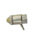 Front view of waterjet pump part, single-port metal fitting with hex end and small side nozzle