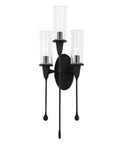 Heavy Duty Black Iron 3 Light Wall Sconce With Clear Glass Shades Damp Rated Bathroom Vanity Fixture showing sleek solid steel design.
