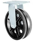 Rigid caster with steel mounting plate and black V-groove wheels, front view