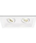 LED Recessed Can Light With Three Light Trim And New Construction Housing Featuring Integrated Light Engine For Smooth Dimming And Super Quick Setup, white frame with dual round lights.