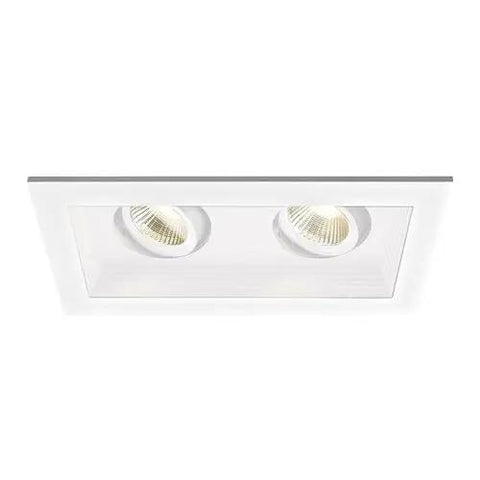 LED Recessed Can Light With Three Light Trim And New Construction Housing Featuring Integrated Light Engine For Smooth Dimming And Super Quick Setup, white frame with dual round lights.