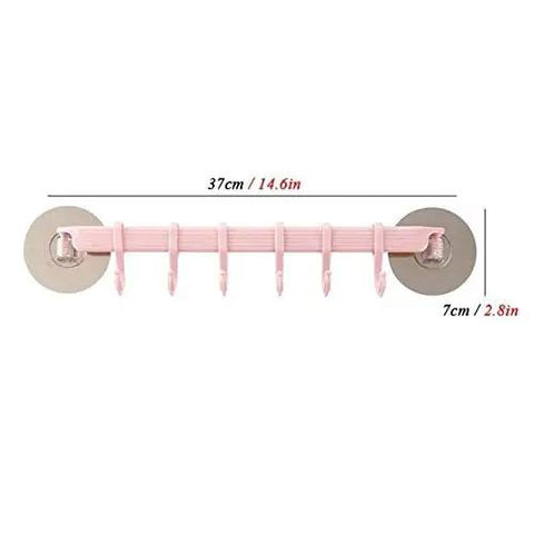 Self Adhesive Bathroom Towel Ring Holder With Rock Solid Grip Pad For Hassle Free Wall Mount Kitchen Storage Rack Stainless Steel Look, pink design with 6 hooks.