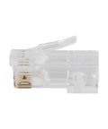 Side view of a clear Modular Data Plug For CAT6A And Thicker CAT6 Cables, No Fuss Fast Pass Thru Install, Ethernet Connector for quick drops.