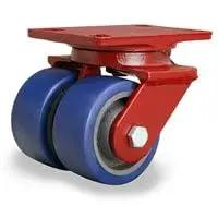Heavy Duty Dual Wheel Swivel Caster With 4 Inch By 2 Inch Polyurethane Tread On Solid Cast Iron Hub Using Half Inch Sealed Ball Bearings