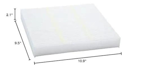 Rectangular cabin air filter with dimensions, compatible with Honda and Acura vehicles 2016 to 2025, filters dust and allergens