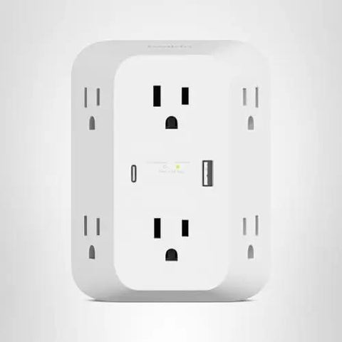Six Outlet Surge Protector Power Strip With USB C And USB A Ports For PD Fast Charge ETL Listed Wall Mountable 1680 Joules Of Protection LED Indicator Overvoltage Protection, front view