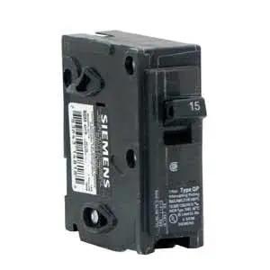 Black Siemens single pole thirty amp QP circuit breaker for one twenty volt load panels with a ten thousand amp rating.