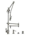 Traditional Gantry Pulldown Kitchen Faucet With 18 Inch Articulated Spout Slick Graphite Finish Four Piece Suite showcasing polished brass construction.