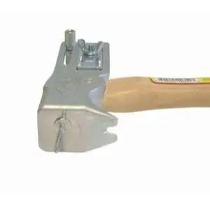 Solid 17 Oz Magnetic Roofing Hatchet With Built In Utility Blade And Sliding Gauge Heavy Duty Nail Claw Jobsite Beast Built Like A Tank Pro Tradesman Tool close-up view of steel face and wooden handle.