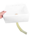 Wall-Mount Bathroom Sink - Lightweight Plastic No-Drill Design for Easy Installat in Small Bathrooms, Rentals, and Shower Areas - Space-Saving Solut! held by a hand with a drain pipe.
