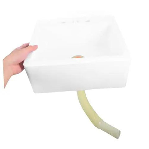 Wall-Mount Bathroom Sink - Lightweight Plastic No-Drill Design for Easy Installat in Small Bathrooms, Rentals, and Shower Areas - Space-Saving Solut! held by a hand with a drain pipe.
