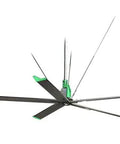 Heavy Duty 12ft HVLS Ceiling Fan With Brushless Motor And Built In VFD For Industrial And Commercial Use, sleek design with green accents.