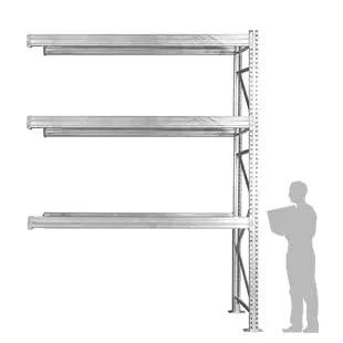 Heavy Duty Steel Pallet Rack Add On Unit 42X120X144 Inches Three Tier Industrial Storage Extender with three shelves, boltless design.