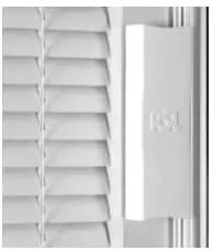 Close-up of white mini blinds mechanism on No Fuss Heavy Hitter 22 By 36 Commercial Steel Frame Door Glass Insert.