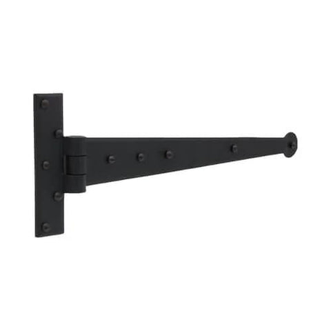 Side view of Bean Head Strap Hinges In Wrought Iron Hardware 15 Inch Pair With Hammered Edging And Black Powder Coat Finish, Colonial Style.