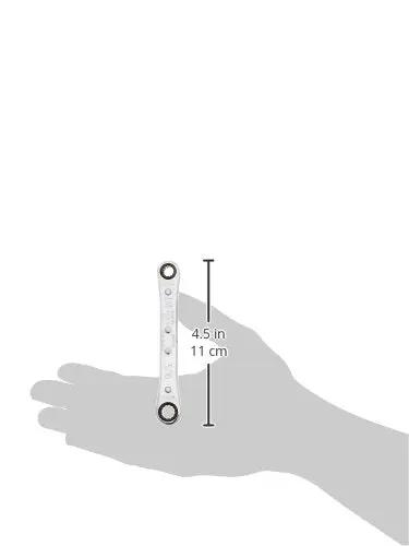 Ratcheting Box Wrench 1 Quarter Inch By 5 Sixteenth Inch With Reverse Action Chrome Plated Laminated Construction Built For Tight Spaces Made In USA Klein Tools shown in hand for scale