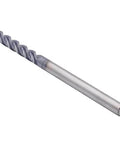 Side view: end mill, solid carbide long, AlTiN-coated, 30° helix, 4-flute, 1/4" cutting diameter, 1/4" shank, square end