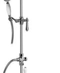 Traditional Exposed Thermostatic Tub And Shower System In Rock Solid Polished Nickel With Top Shelf Metal Handheld Sprayer And Classic Lever Handle For Reliable Daily Function, showcasing the full setup.