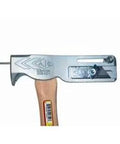 Solid 17 Oz Magnetic Roofing Hatchet With Built In Utility Blade And Sliding Gauge Heavy Duty Nail Claw Jobsite Beast Built Like A Tank Pro Tradesman Tool, side view showing steel head and wooden handle.