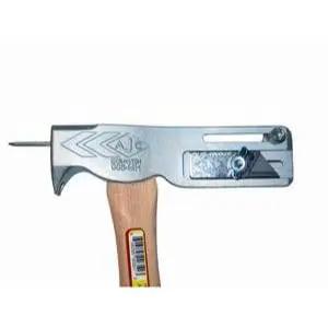 Solid 17 Oz Magnetic Roofing Hatchet With Built In Utility Blade And Sliding Gauge Heavy Duty Nail Claw Jobsite Beast Built Like A Tank Pro Tradesman Tool, side view showing steel head and wooden handle.