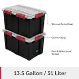 Two Pack Heavy Duty Plastic Storage Bins Thirteen Point Five Gallon Gasket Totes With Airtight Silicone Seals Rock Solid For Garage Basement Or Attic, shown stacked with comfort grips.