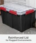 Two Pack Heavy Duty Plastic Storage Bins Thirteen Point Five Gallon Gasket Totes With Airtight Silicone Seals Rock Solid For Garage Basement Or Attic Hella Waterproof And Drop Dead Tough Black with reinforced lid.