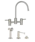 Heavy Duty Vintage Bridge Kitchen Faucet In Matte Antique Brass With Dual Lever Handles Rock Solid Brass Body Three Piece Countertop Mount Sink Set All Hardware Grommets And No Sweat Install Kit For A Fresh Upgrade shown from multiple angles.