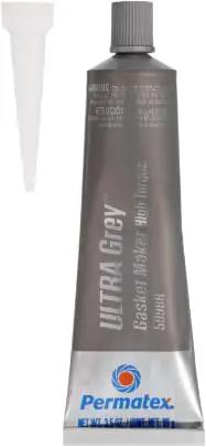 Tube of Ultra Grey RTV Silicone Gasket Maker 3 Oz For High Torque And High Vibration Engines OEM Spec Ideal For Import And Domestic Auto Applications Durable Sealant For Gaskets And Mating Surfaces, with nozzle attachment.