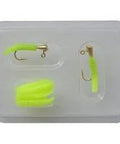 Chartreuse Mini Magnet 10 Pack With Lead Free Jig Heads And 9/16 Inch Split Tail Worms for trout and panfish in packaging