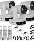Three Pack Heavy Hitter 4K PTZ Camera With 30X Optical Zoom And Slick Auto Tracking Capabilities Featuring SDI And HDMI And USB Ports For Kickass Live Streaming And Dope Video Production Setups In Sharp White Finish including remotes and cables.