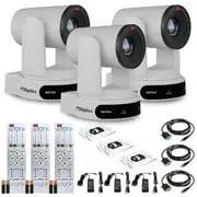 Three Pack Heavy Hitter 4K PTZ Camera With 30X Optical Zoom And Slick Auto Tracking Capabilities Featuring SDI And HDMI And USB Ports For Kickass Live Streaming And Dope Video Production Setups In Sharp White Finish including remotes and cables.