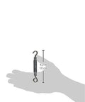 Heavy Duty Stainless Steel Hook And Eye Turnbuckle For Cable Tensioning No Hassle Install 3 16 By 5 1 2 Inch 65 Lb Load Rating next to a hand for size comparison.