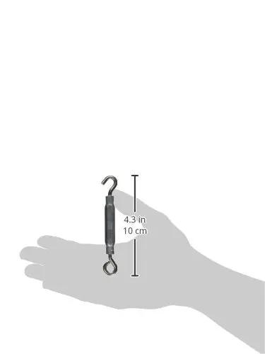 Heavy Duty Stainless Steel Hook And Eye Turnbuckle For Cable Tensioning No Hassle Install 3 16 By 5 1 2 Inch 65 Lb Load Rating next to a hand for size comparison.