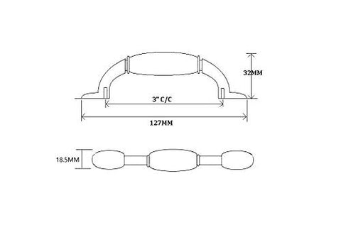 Technical drawing of Cherbourg Collection 3-Inch Center-To-Center Cabinet And Drawer Pull in oak and burnished brass, with dimensions.