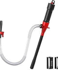 Electric Hand Pump Portable Battery Powered Transfer Pump Multi Use Siphon Liquid Extractor For Gasoline Diesel Fuel And Water Transfer Lightning Fast 2.2 GPM Siphon With Locking Clip shown with hose and batteries.