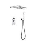 Heavy Duty Wall Mounted Shower System With 10 Inch Square Rainfall Head And Smooth Handheld Combo Set In Matte Black angled view