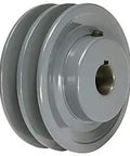 4.25 Inch Double Groove Cast Iron Fixed Bore Pulley 5/8 Inch Bore For A 3L And 4L V Belts; gray cast iron, heavy-duty industrial design