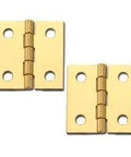 Solid Brass Miniature Broad Hinge 1 Inch Long By 1 Inch Open Two Pair Per Pack Stanley Hardware For Small Boxes Jewelry Cases Tiny Cabinets And DIY Projects image showing two brass hinges with four screw holes each.