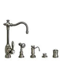 Annapolis Four Piece Prep Faucet Suite With Matte Antique Pewter Finish Pull Down Hand Sprayer Gooseneck Spout components arranged.