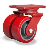 Heavy Duty Dual Wheel Swivel Caster Built Tough As Nails With Premium Polyurethane Tread On Rugged Cast Iron, red design.