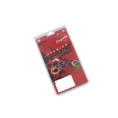 4 Pack Hub Centric Rings Poly Carbonate Wheel Adapters in colorful packaging, showcasing various sizes and alignment features.