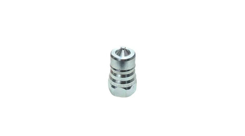 Front view of chrome 3/4 inch Pioneer-style hydraulic quick-connect plug with NPT threads.