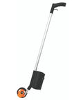 Straight Up Accurate Metric Measuring Wheel For Construction Layouts Compact Rolling Distance Gauge with black handle and orange wheel.