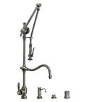 Top Shelf Traditional Gantry Pulldown Kitchen Faucet Suite Featuring A Sleek Hook Spout In Matte White Finish Complete Four Piece Sink Ensemble Built Tough Easy Install Smooth Spray Function And Everyday Dependability.